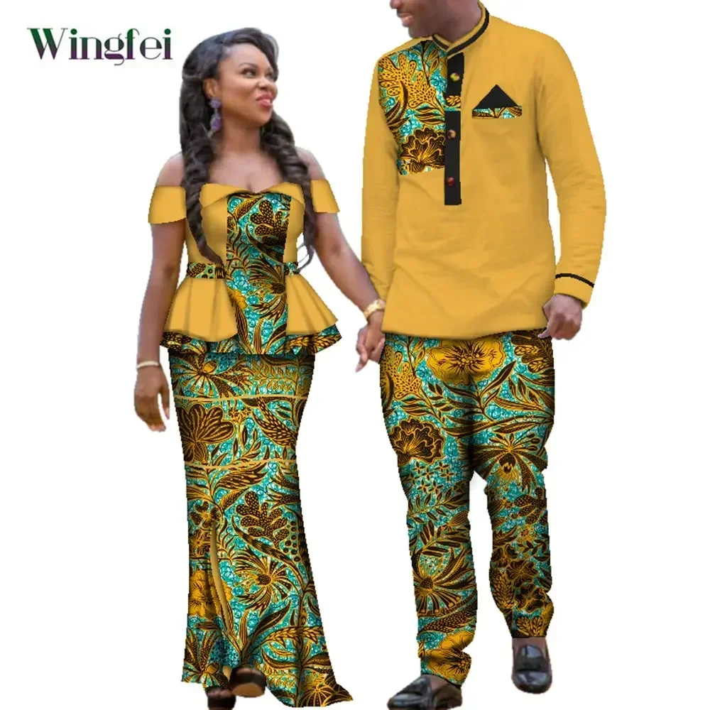 

African Couple Clothes 2 Sets Ankara Fashion Women's Strapless Top and Robe Skirt and Dashiki Men Suit Shirt and Pant WYQ113