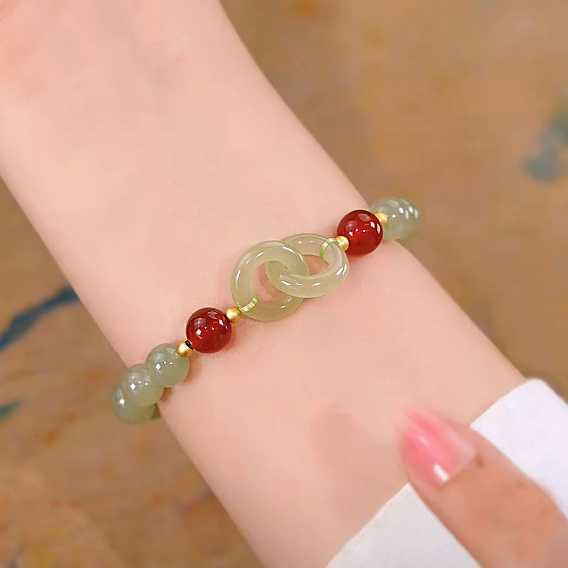 Fashion Double Ring Interlocking Hetian Jade Beaded Bracelet Female Ins Style Love Safety Buckle Bangle For Bestie Birthday Gift