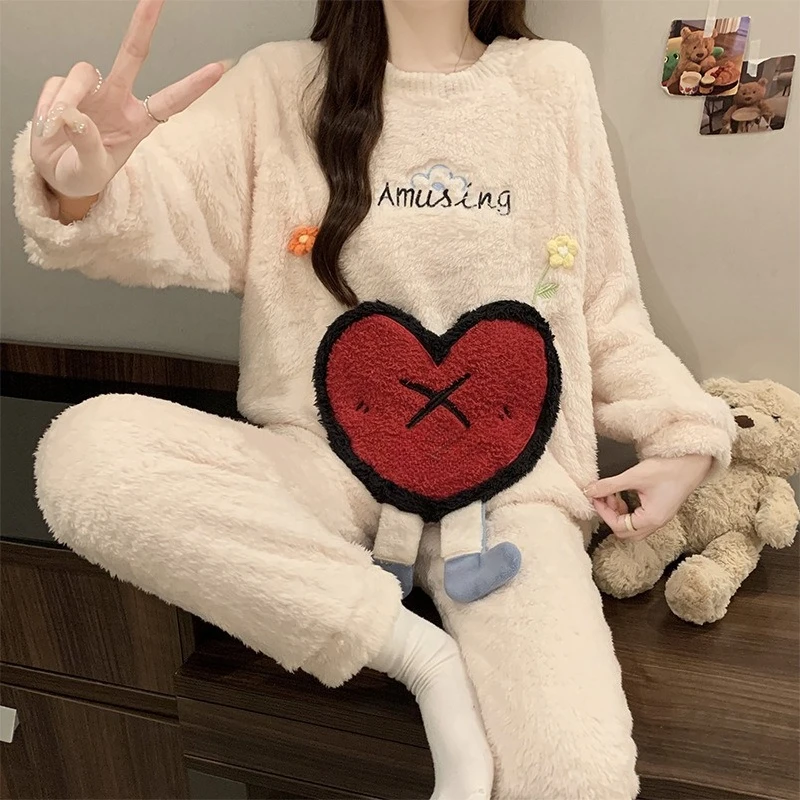 Winter Coral Fleece Pajamas Set Women Sweet Cartoon Sleepwear Flannel Thickened Ops and Trousers Pjs Korean Students Loungewear