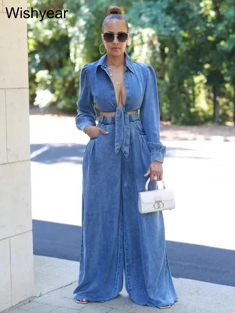 Fashion Denim 2 Pieces Pants Women Set Long Sleeve Crop Jacket and Wide Leg Jeans Suit Elegant Loose Streetwear Blue Outfit New