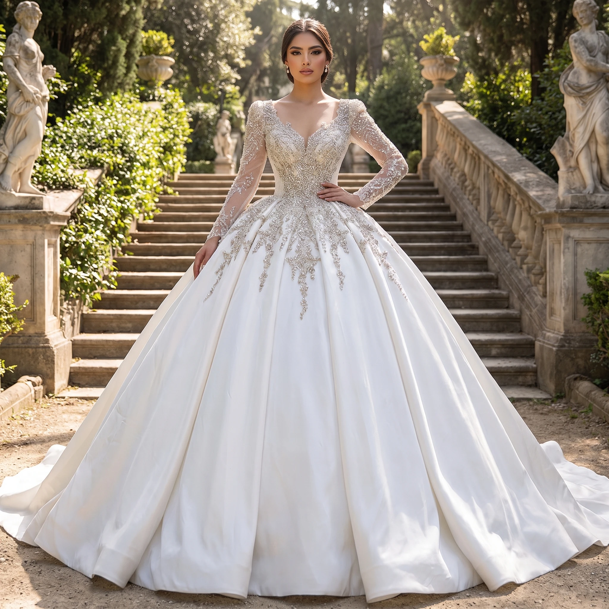 Gorgeous Wedding Dresses With Court Train for Women Satin Customized Beads O Neck Long Sleeves Bridal Gowns robe de mariée