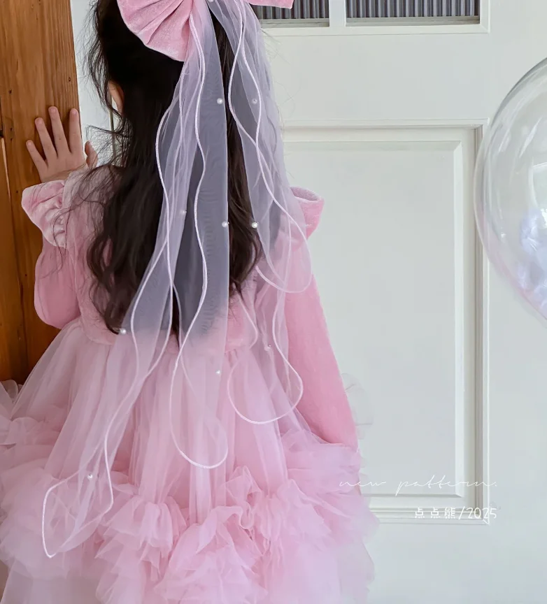 فستان شبكي قطيفة بأكمام طويلة لخريف الطفل الجديد، فساتين حفلات أزياء الأميرة للأطفال 2-8 T