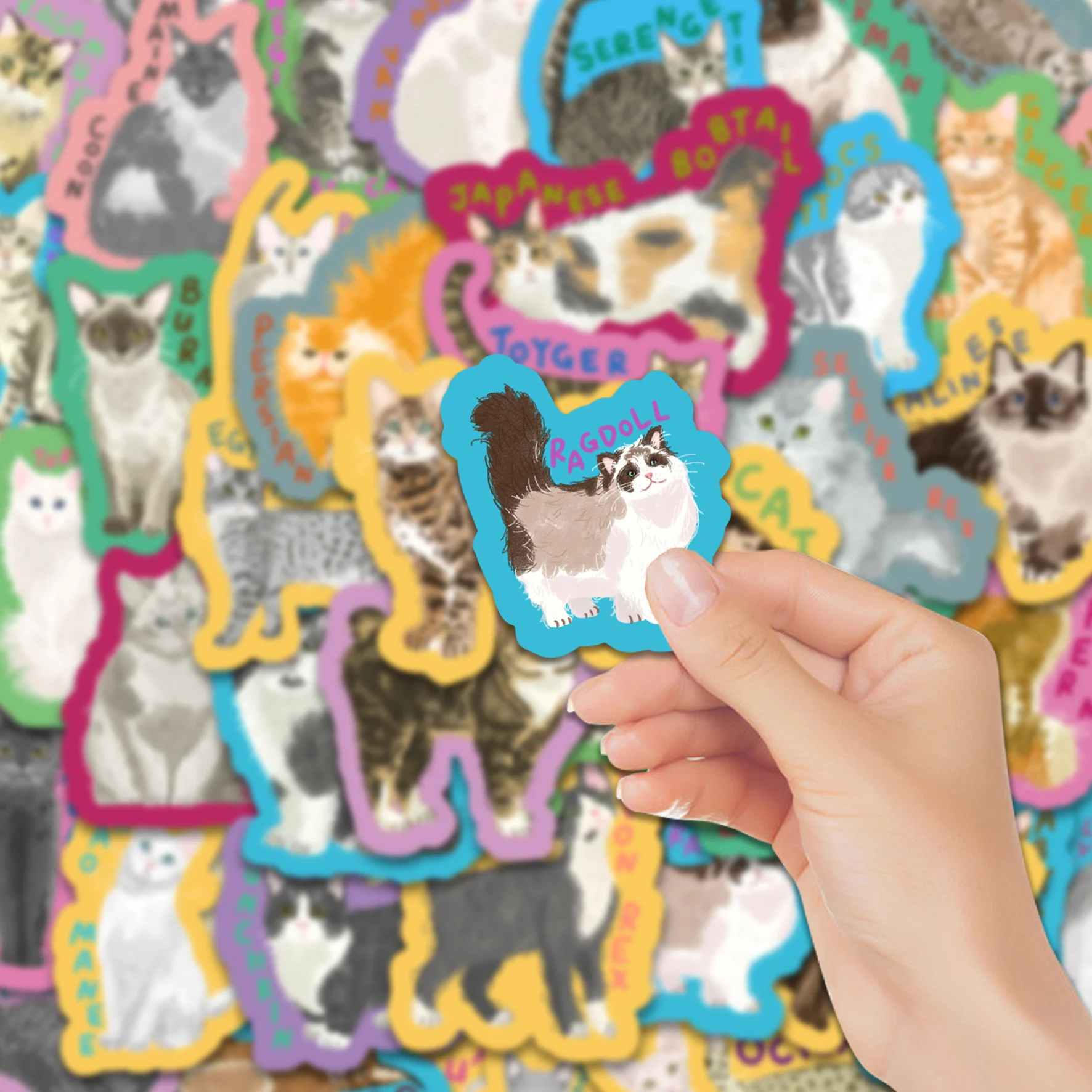 50pcs Colorful Cat Breed Stickers Pack Vibrant Vinyl Decals for Laptop Journal Water Bottle - Purebred Feline Themed Artistic De