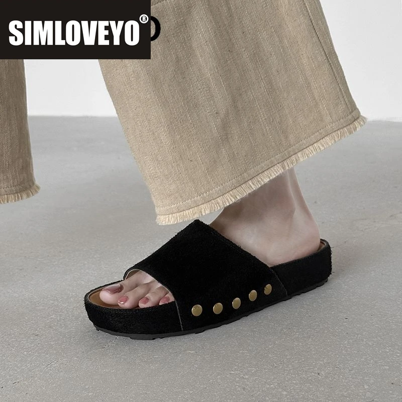 

SIMLOVEYO 2025 женские сандалии из мягкой натуральной кожи с круглым носком на толстом каблуке 3 см, без шнуровки, с заклепками, повседневная уличная обувь для отдыха
