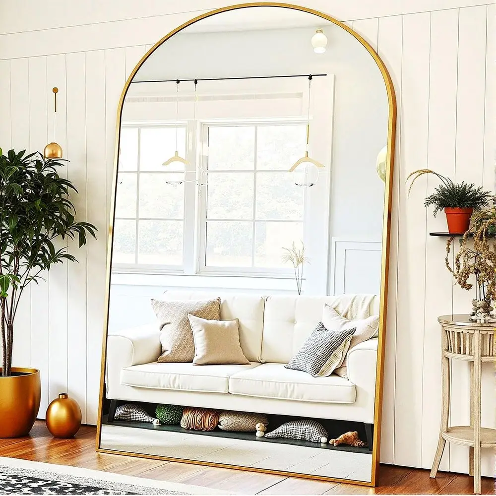مرآة أرضية كاملة الطول، مرآة قائمة مقوسة كبيرة الحجم مقاس 91 × 46 بوصة باللون الذهبي لغرفة النوم وغرفة المعيشة وغرفة الملابس - أنيقة