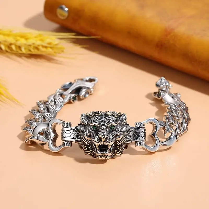 

Pure Silver Primitive Year Tiger Head Bracelet Personalized Ethnic Style Zodiac Male Trendy Style Domineering Handmade Silver Je