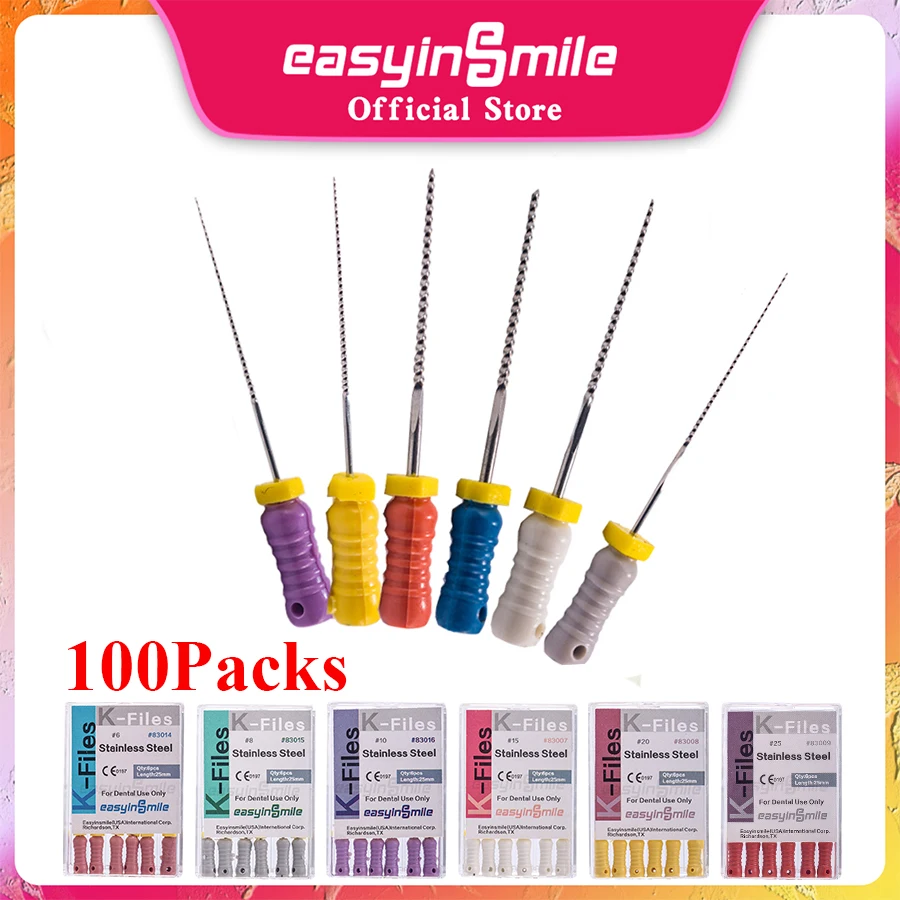 100packs Endo K-Files 31MM EASYINSMILE Stainless Steel Root Canal Hand Use Flexible Cross Section .02 Taper #6 #8 #10 #15-80