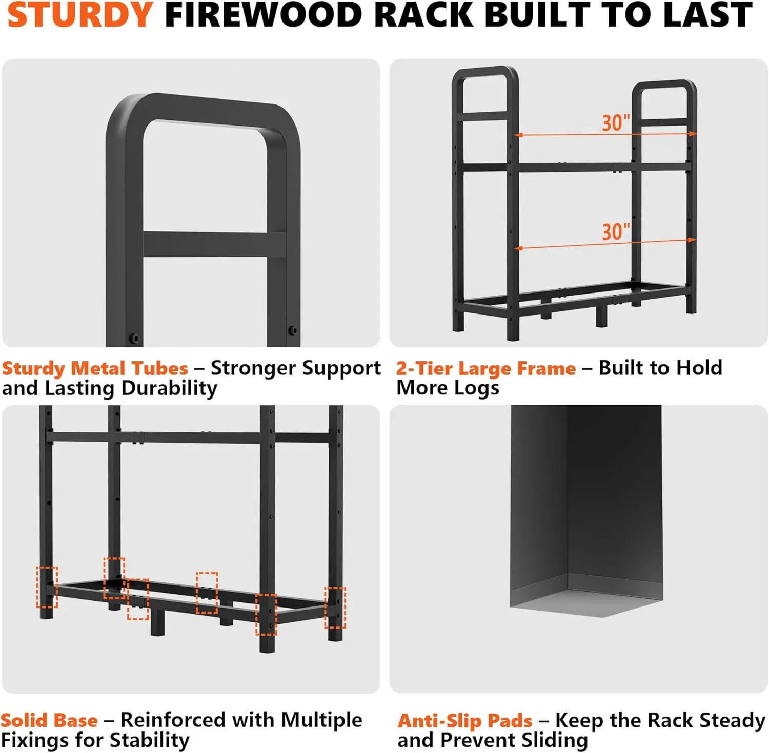 2-Tier Large Firewood Rack Outdoor Indoor with Log Carrier Bag, 30" Stable Log Holder Rustproof Metal Wood Rack for Fireplace Pa