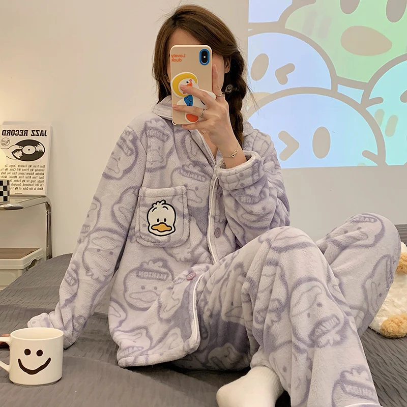 Warm Winter Women\'s Pajamas Home Clothes Sleepwear Ladies Flannel Thick Coral Fleece Cute Cartoon Large Size 2XL Pijama Пижама