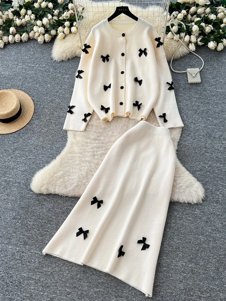 

Casual Loose Bow O-neck Single breasted Long sleeve Knit Sweater+Elastic Waist Midi Skirt 2-piece Set New Winter Women's Suit