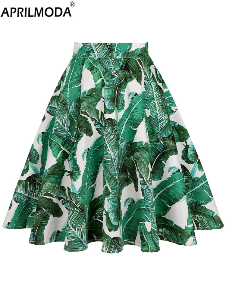 2025 Cotton Floral Printed 1950s Style A Line Swing Vintage Skirt Retro Vintage Punk Summer Women Black White and Green Skirts