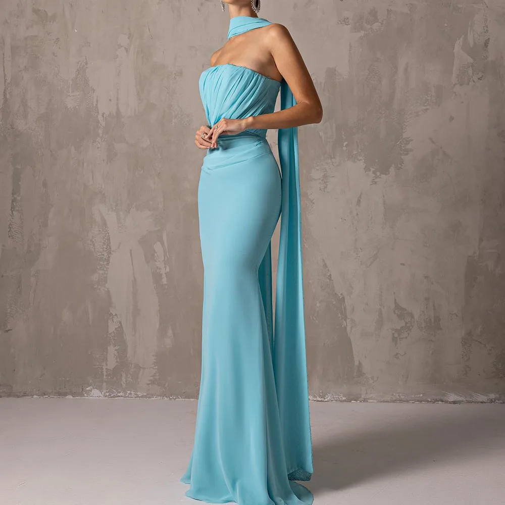 

High Quality Crystal Ribbons Jersey Mermaid Evening Dress Fashion Floor Length Strapless Sleeveless فساتين سهره نسائيه فخمة