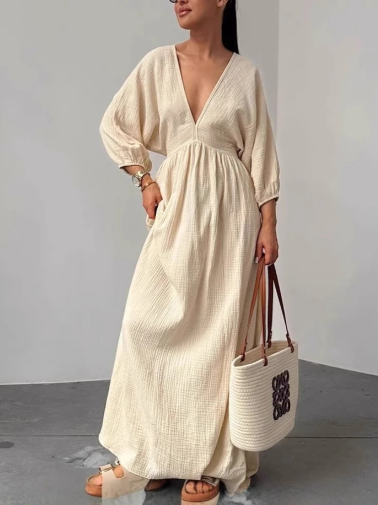 Doce relaxado cintura gravata cor sólida maxi vestido profundo decote em v puff manga curta aberto volta vestidos flowy em camadas longo vestido feminino