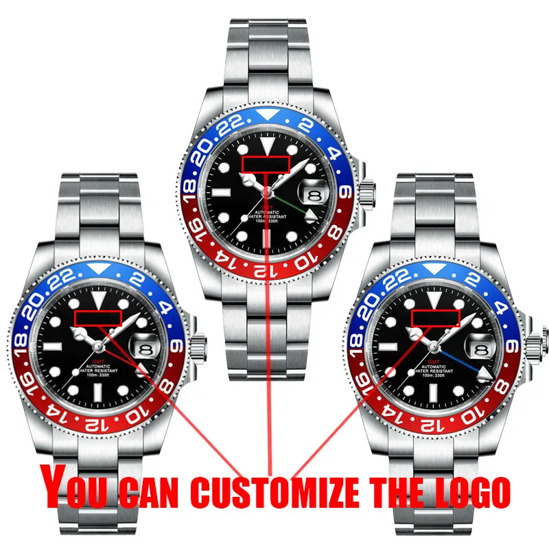 40MM Mens GMT Watch Customer Logo Automatic Mechanical Luminous Stainless Steel Sapphire Glass 10Bar Male Clock Sterile Dial