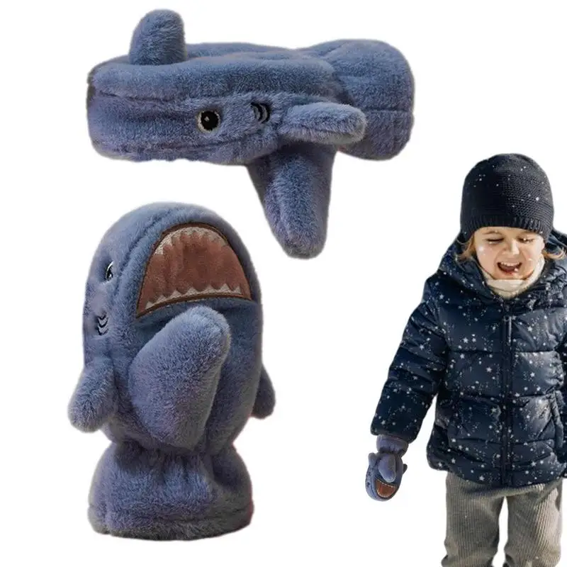 

Kids Winter Warm Gloves Cute Cartoon Shark Shape Winter Warm Plush Gloves Convenient Plus Velvet Gloves For Children Boys And