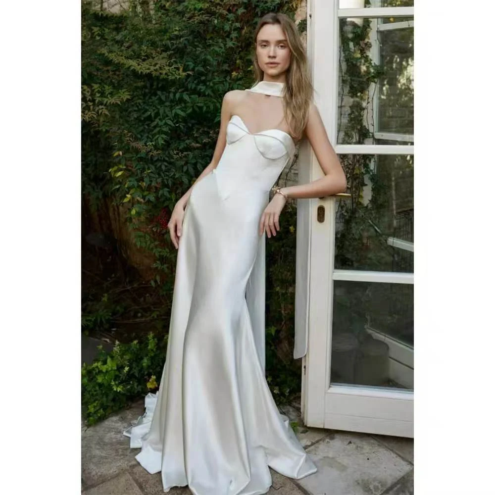 Elegant Halter Satin Mermaid Wedding Dress Sheer Neck Ivory Bridal Gown Simple Fitted Floor Length Wedding Party Dress
