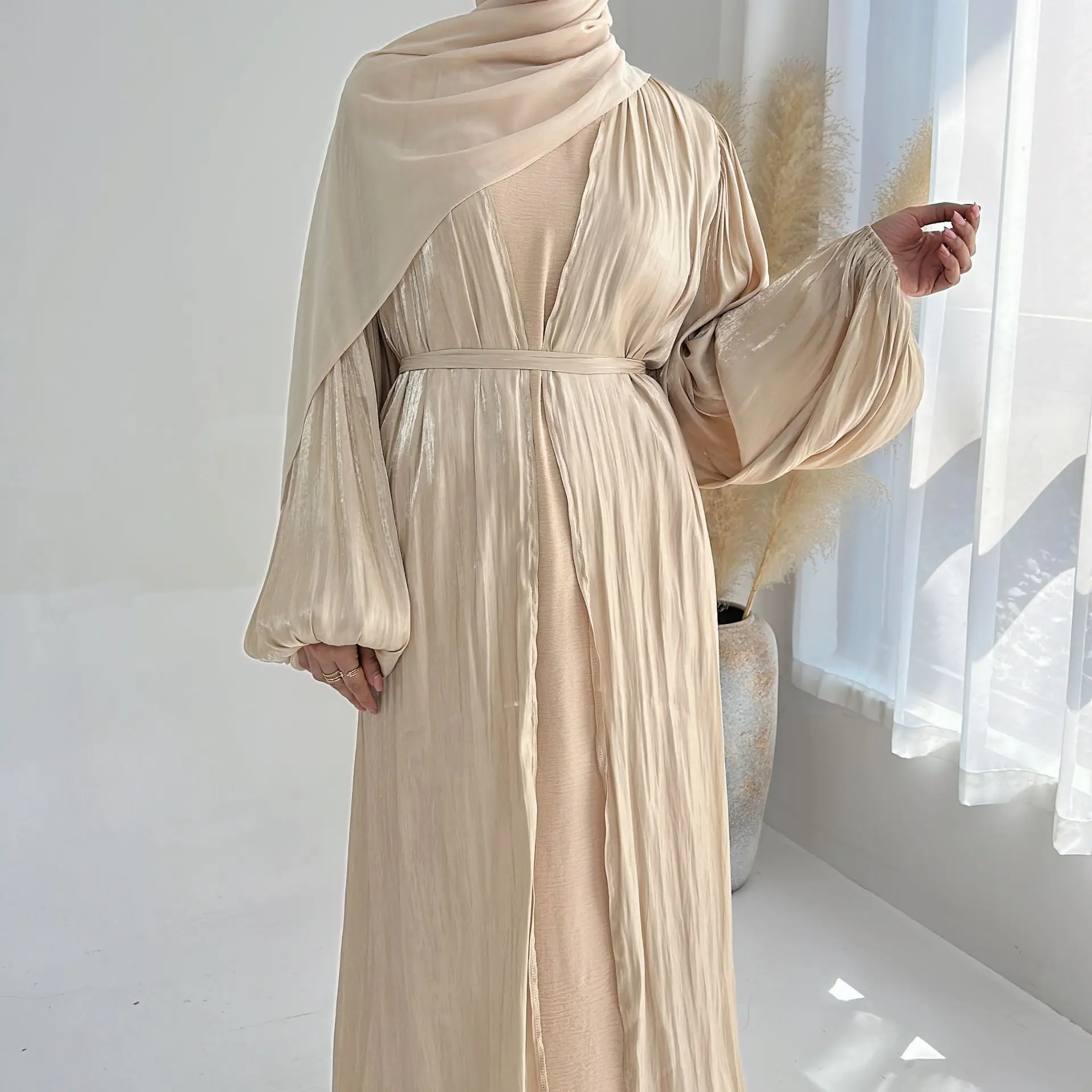 Elegant Muslim Women Open Abaya Silk Satin Cardigan Kimono Maxi Dress Turkey Eid Ramadan Puff Sleeve Kaftan Arabic Robe Jalabiya