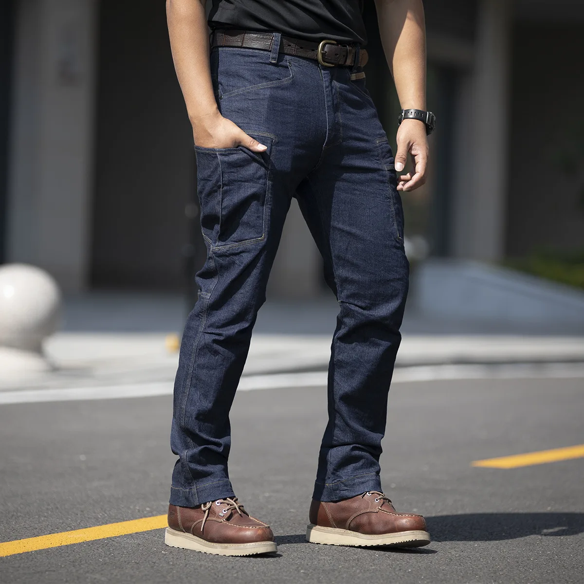 Casual Men Jeans Multi Pocket Cargo Pants Tactical Stretch Men\'s Denim Jeans Blue Black Trousers Fashion Side Pockets Overalls