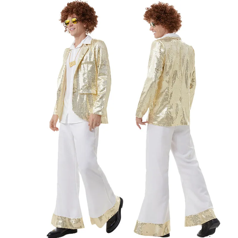 Men's Gold Disco Costume Retro Hip Hop Rock Sets 70s Singer Host Stage Nightclub Outfit White Disco Pants Sparkling Suit