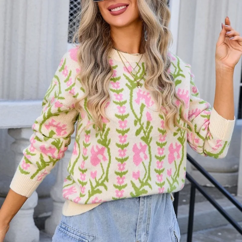 Retro Elegant floral Print Sweater Pullover Winter Women\'s Tops New Jacquard Branch O Neck Full Sleeve Knitted Fashion Sweater