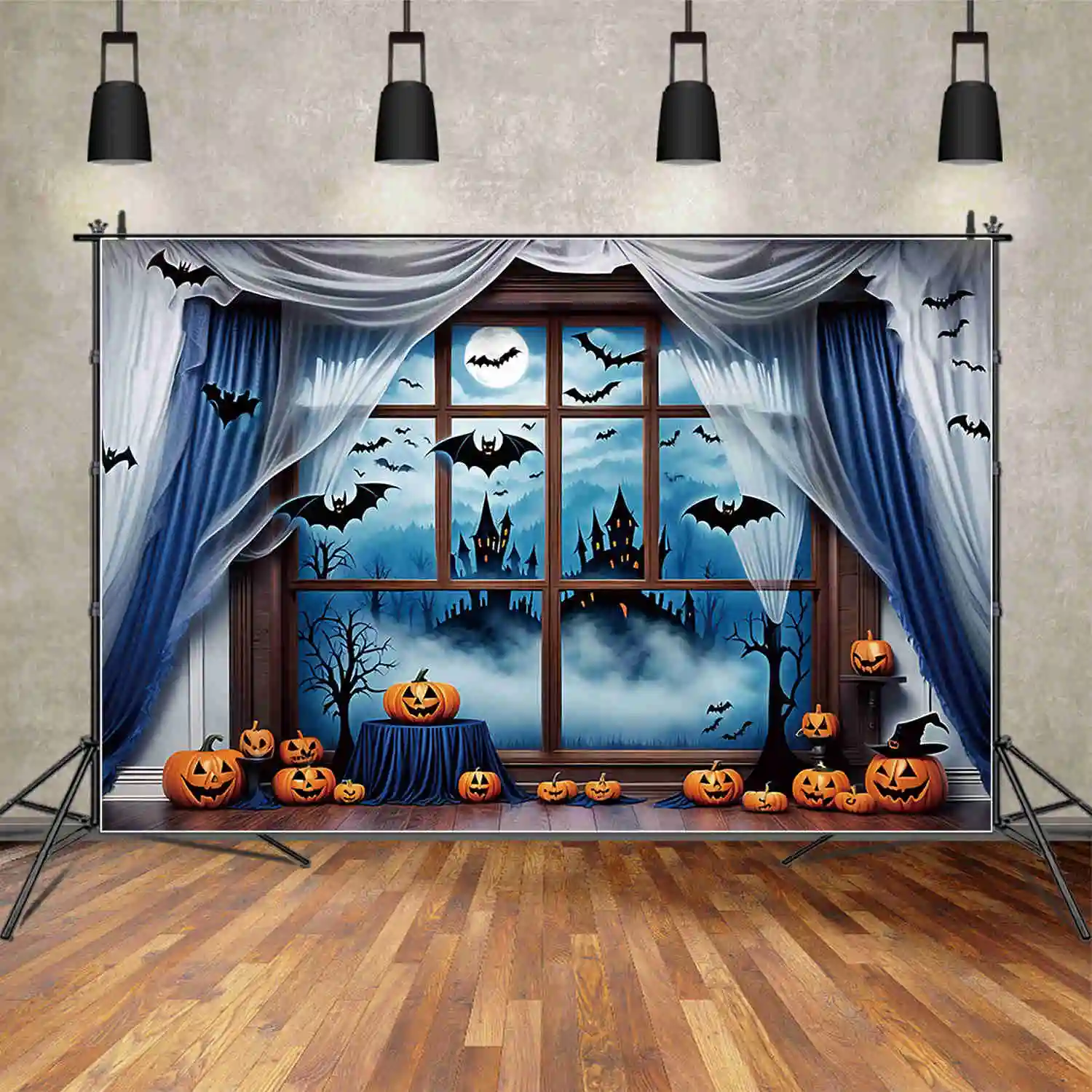 MOON.QG Halloween Cemetery Backdrops Curtain Children Jack-O'-Lantern Window Background Custom Party Decoration Photo Zone Props