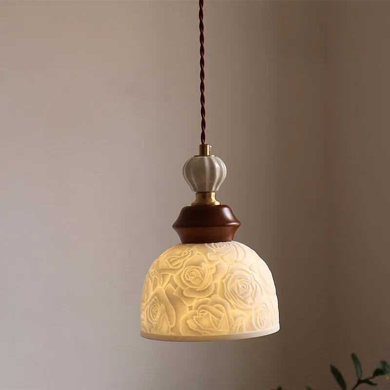 IWHD Белая Роза Керамические Светодиодные Подвесные Светильники Спальня Столовая Освещение Гостиной Французский Винтаж Подвесной Светильник Украшения Светильник