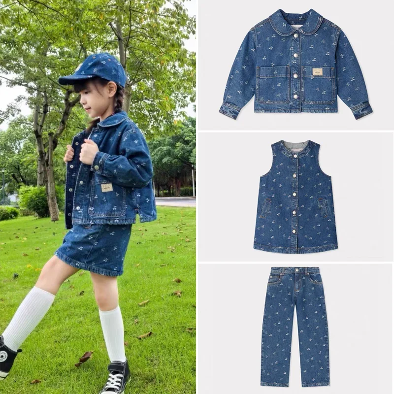 

В наличии 2022, осенне-зимняя джинсовая юбка с вышивкой для девочек, джинсовая куртка для мальчиков, детские платья для девочек, брюки для мальчиков, ковбойский комплект вишневого цвета