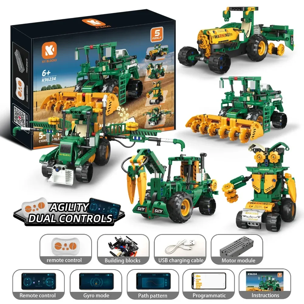 96234 331PCS 5 in 1 Farm Vehicle Building Kit STEM RC Tractor Toy with Remote Control Educational Gift for Kids Adults