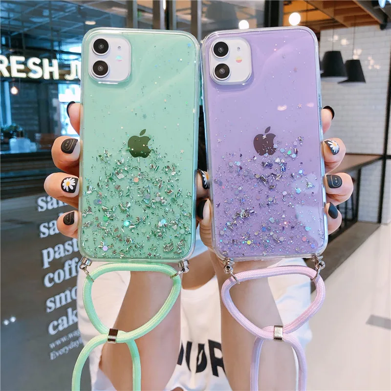 Bling Glitter Stars Sequins Cord Chain Lanyard Phone Case For iPhone 15 14 Pro Max 13 12 MiNi 11 XR XS X 6S 7 8 Plus SE 3 Cover