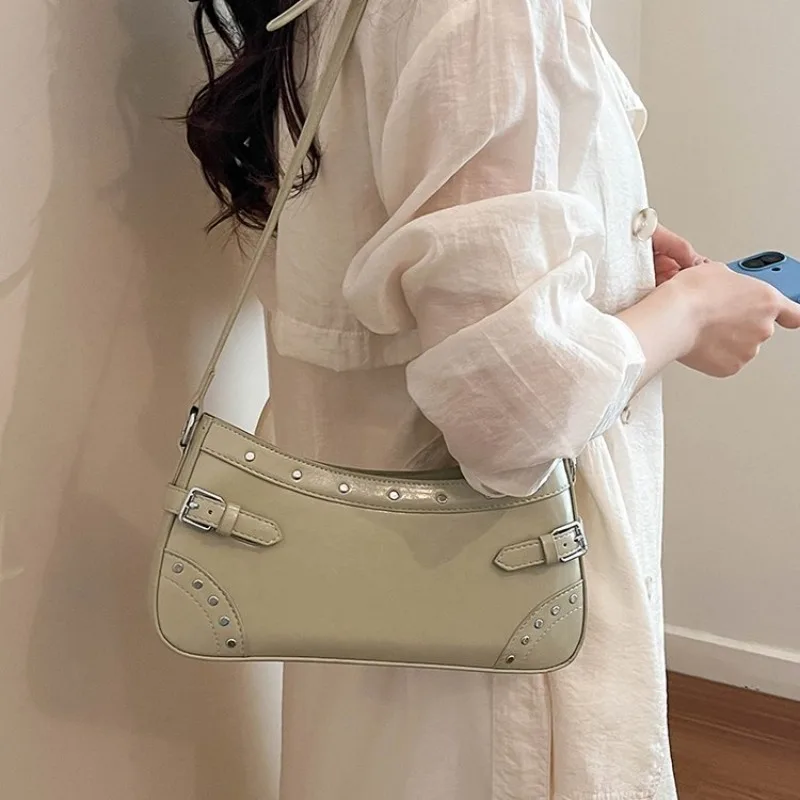 Retro Studded Faux Leather Shoulder Bag with Buckle Detail, Multi-Color for Daily Use Shopping Dating, Commuting and Short Trips