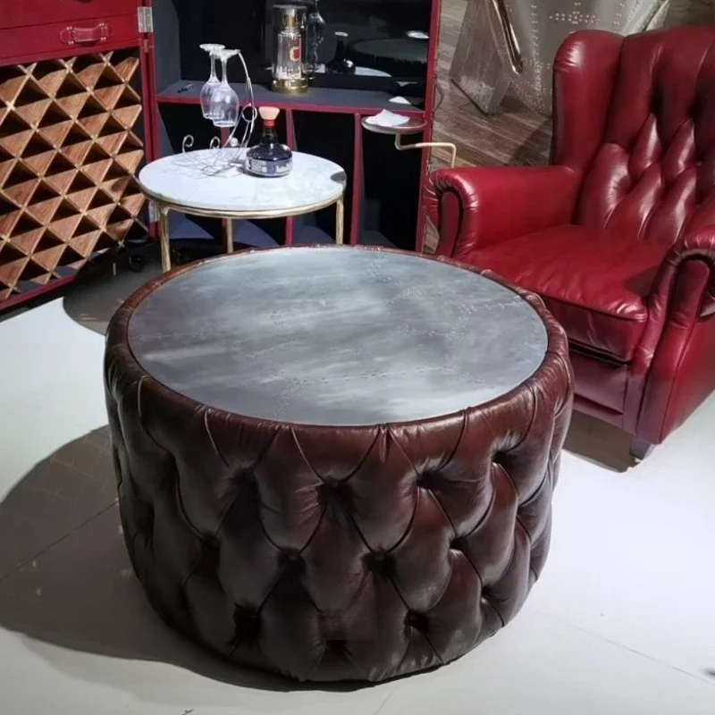 

American retro industrial style furniture coffee table round drum coffee table leather living room hotel lobby business