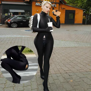 Reißverschluss, offener Schritt, Outdoor-Sex, Damen-Overalls, sexy Body, elastisch, sexy, eng, einteilig, Push-Up, Yoga, formend, Strumpfhosen, Catsuit