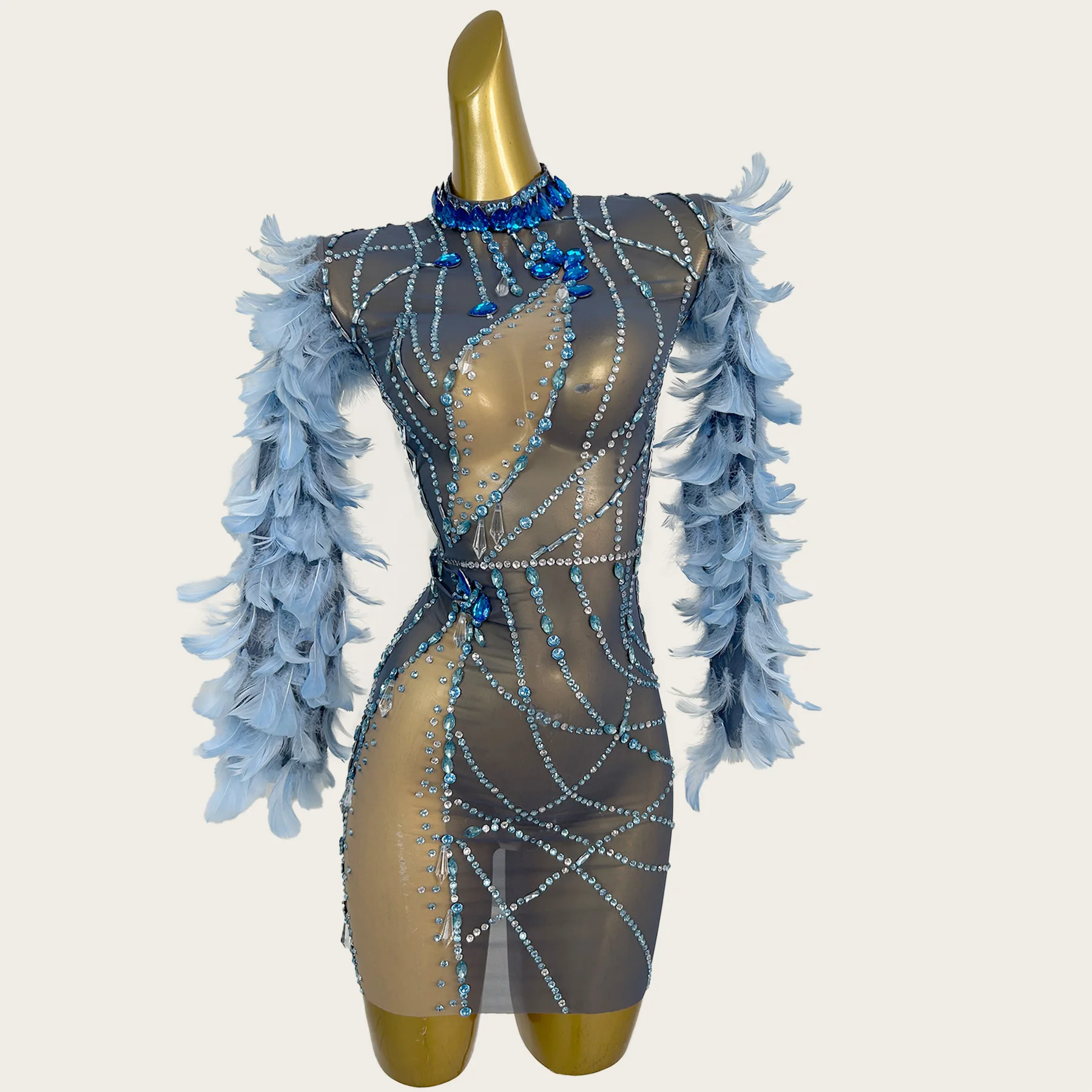 

Feather Long Sleeves See Through Mesh Mini Dress Celebrate Party Cocktail Dress Sparkly Crystals Prom Red Carpet Outfit Hushui