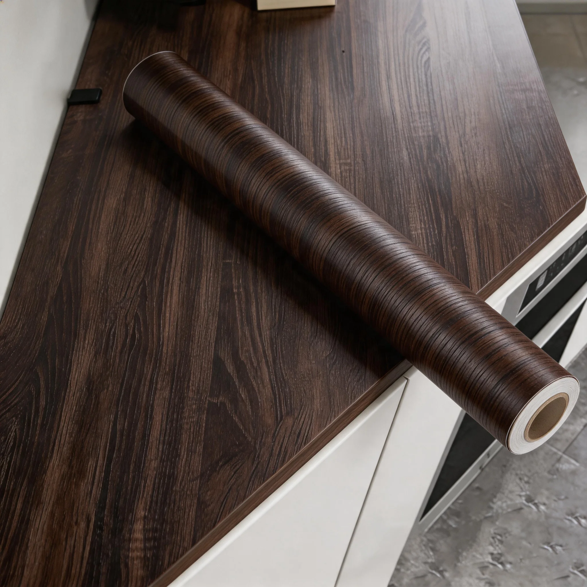 1Roll Dark Wood Grain Wallpaper, Self-Adhesive Waterproof Peel and Stick Film for Kitchen Countertop Cabinet Door Furniture