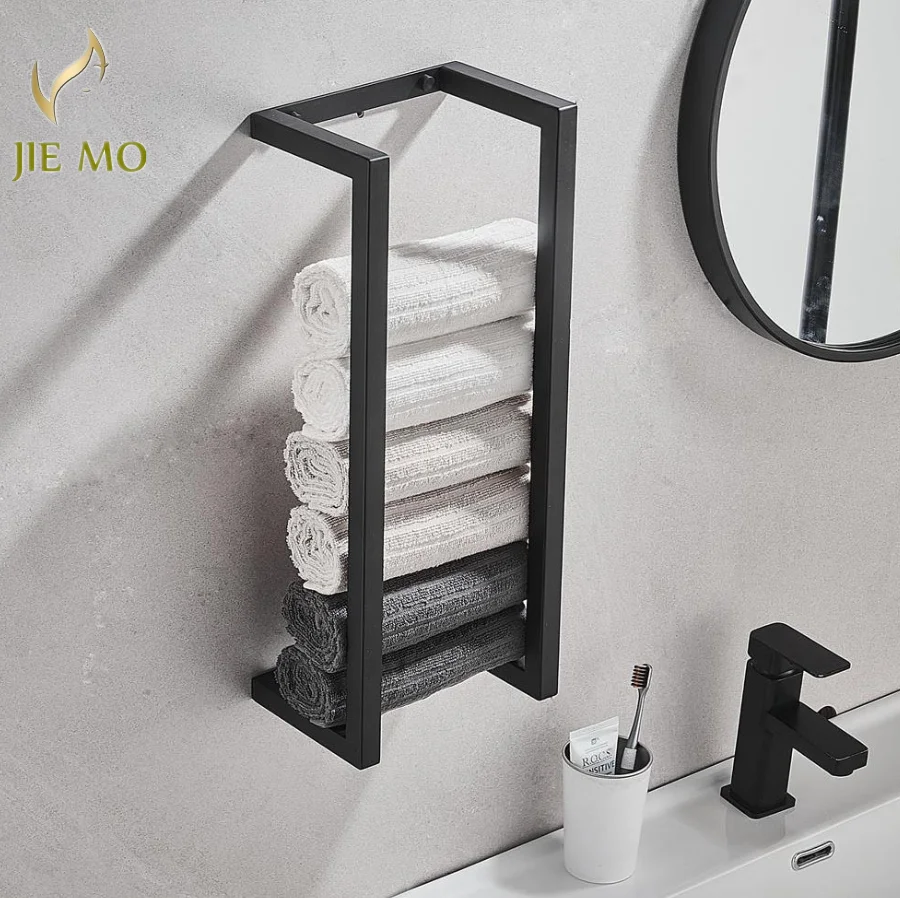 Bathroom towel rack Bath towel storage rack Hotel bathroom towel roll paper rack dual use stainless steel black wall hanging