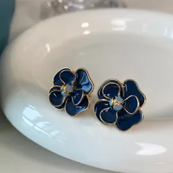 New Arrival Retro Light Luxury French Blue Camellia Stud Earrings For Women Fashion Elegant Metal Jewelry Accessories