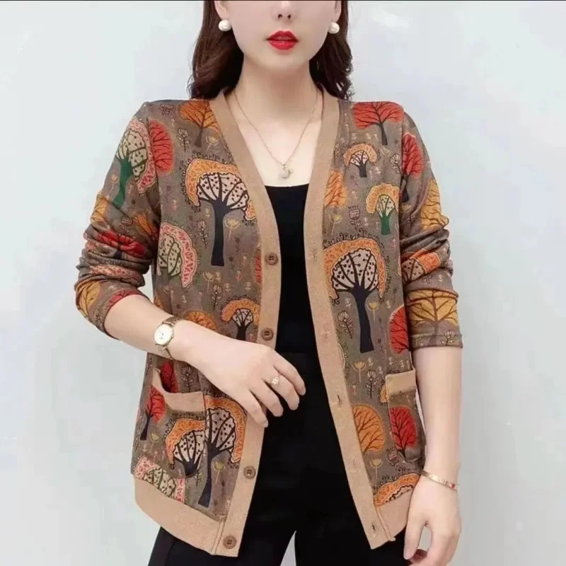 Cárdigan fino con estampado Vintage para mujer, abrigo suelto de manga larga con cuello en V, Tops de talla grande, ropa informal de moda, primavera y otoño, nuevo