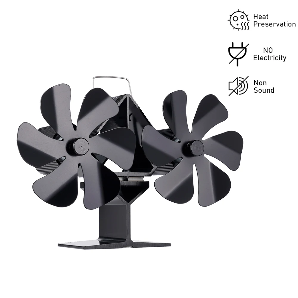 Ventilador de lareira preto de cabeça dupla Ventilador de fogão movido a calor de 12 lâminas sem necessidade de bateria ou eletricidade Queimador de madeira Eco Ventilador silencioso