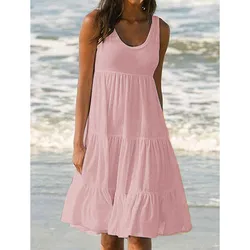 Womens Solid Party Beach Sleeveless Sundress Summer Holiday Pleated Loose Fit Lady Dresses Female Knee-Length Swing Dress