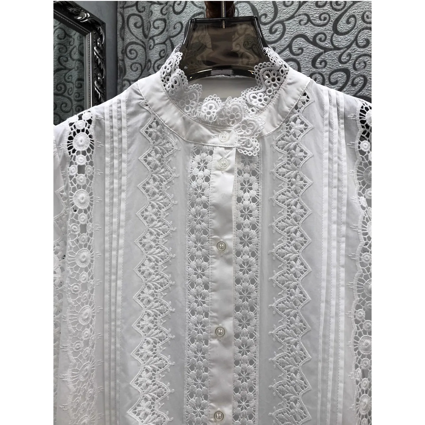 100%Cotton Blouse Shirts 2026 Spring Style Women Allover Crochet Lace Embroidery Long Sleeve Vintage White Button Shirts