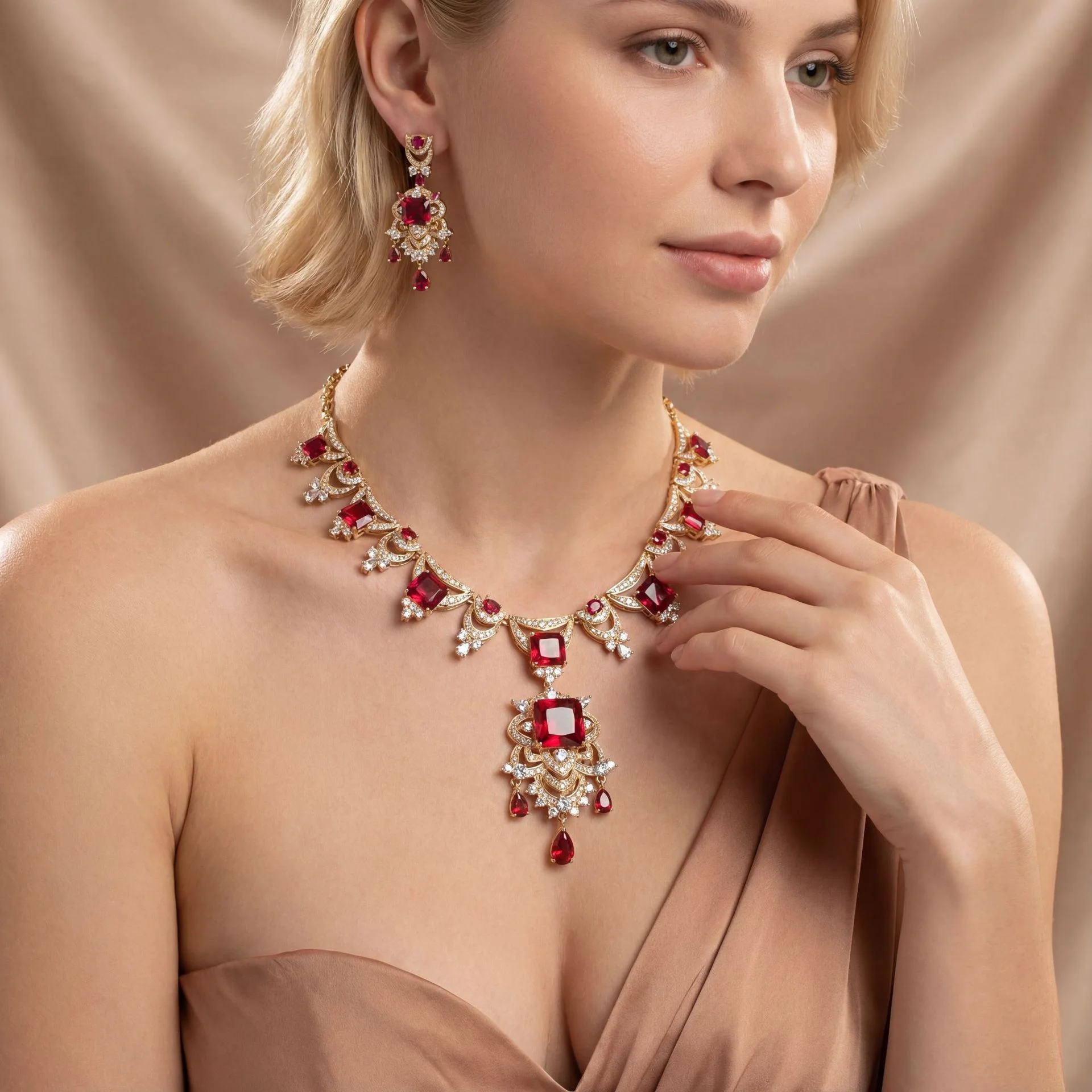 

Luxury Diamond Inlaid Heavy Craft Long Jewelry Set European Pigeon Blood Ruby Elegant Banquet Party Necklace
