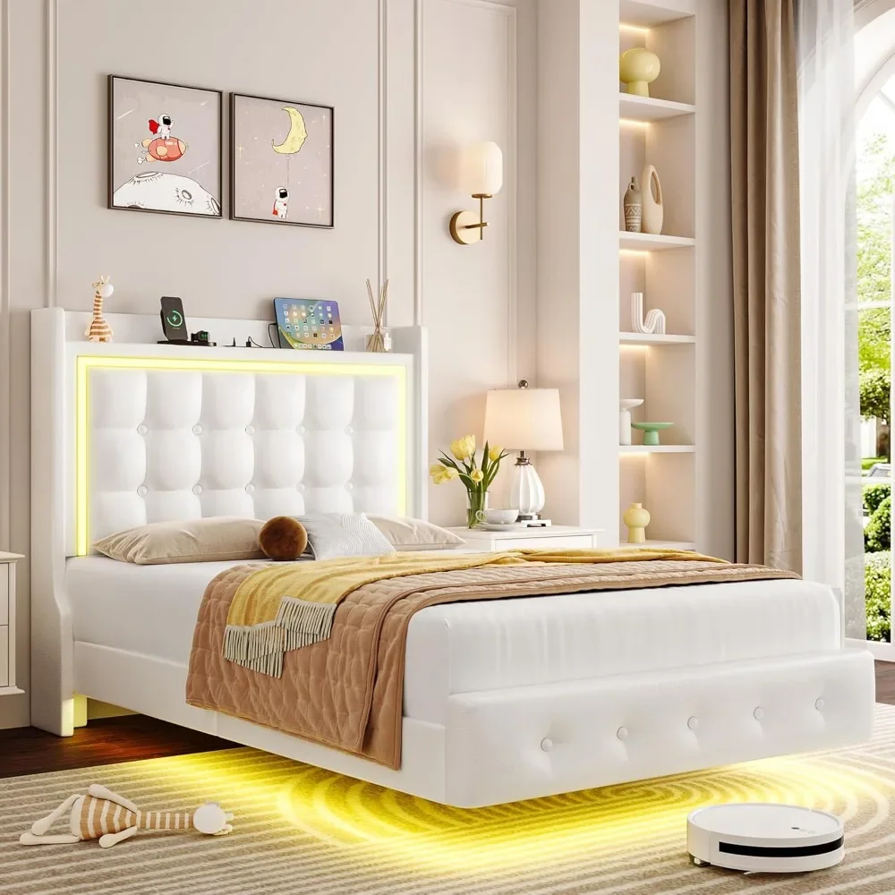 Twin Size Bed Frame with LED Lights, Type-C & USB Charging Ports, Button Tufted Storage Headboard, Pu Leather Platform Bed Frame