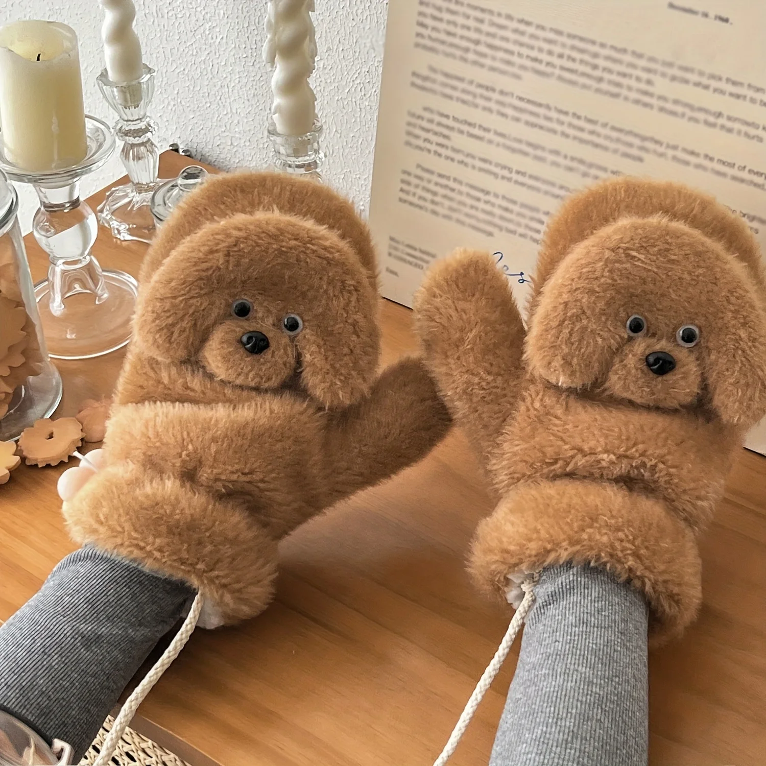 رقيق جرو أفخم القفازات الشتاء دافئ فروي قفازات لينة الدافئة الصوف بطانة لطيف شكل دفئا الطقس البارد في الهواء الطلق موضة والعتاد #1