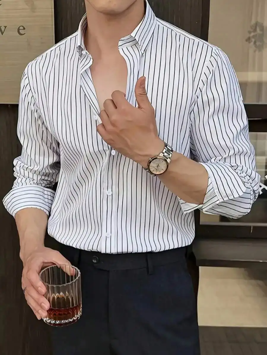 

Men's White with Black Vertical Stripes Slim Fit Long Sleeve Shirt, Business Casual