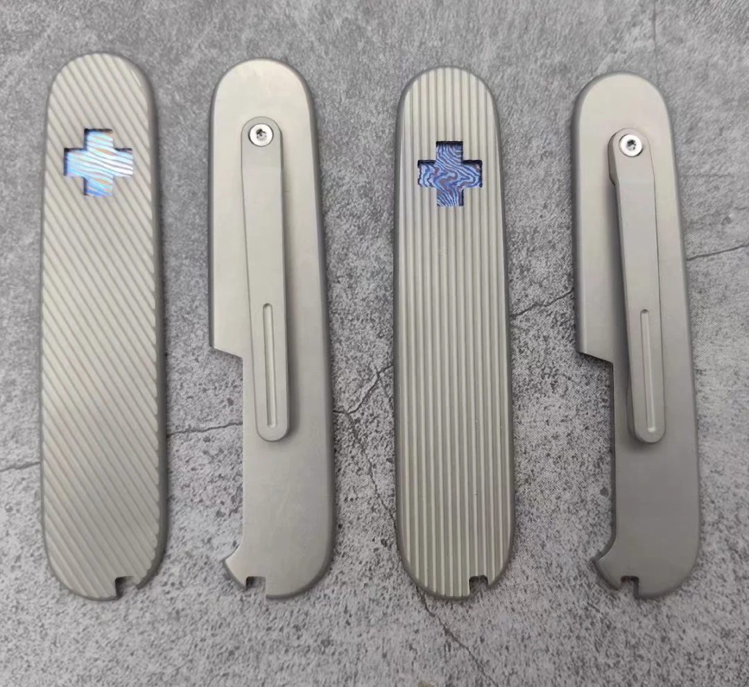 Titanium Alloy TC4 Scales with TI Damascus Cross and Pocket Clip for 91mm Victorinox Swiss Army Knife TI Scale for SAK
