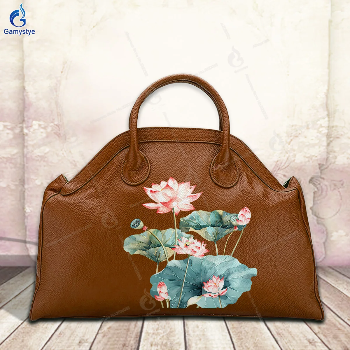 

Printed Customize Art Blooming lotus flowers Bag Lady Tote Bag Woman Sac A Mains Luxury Boston Bag Genuine Leather Free Shipping