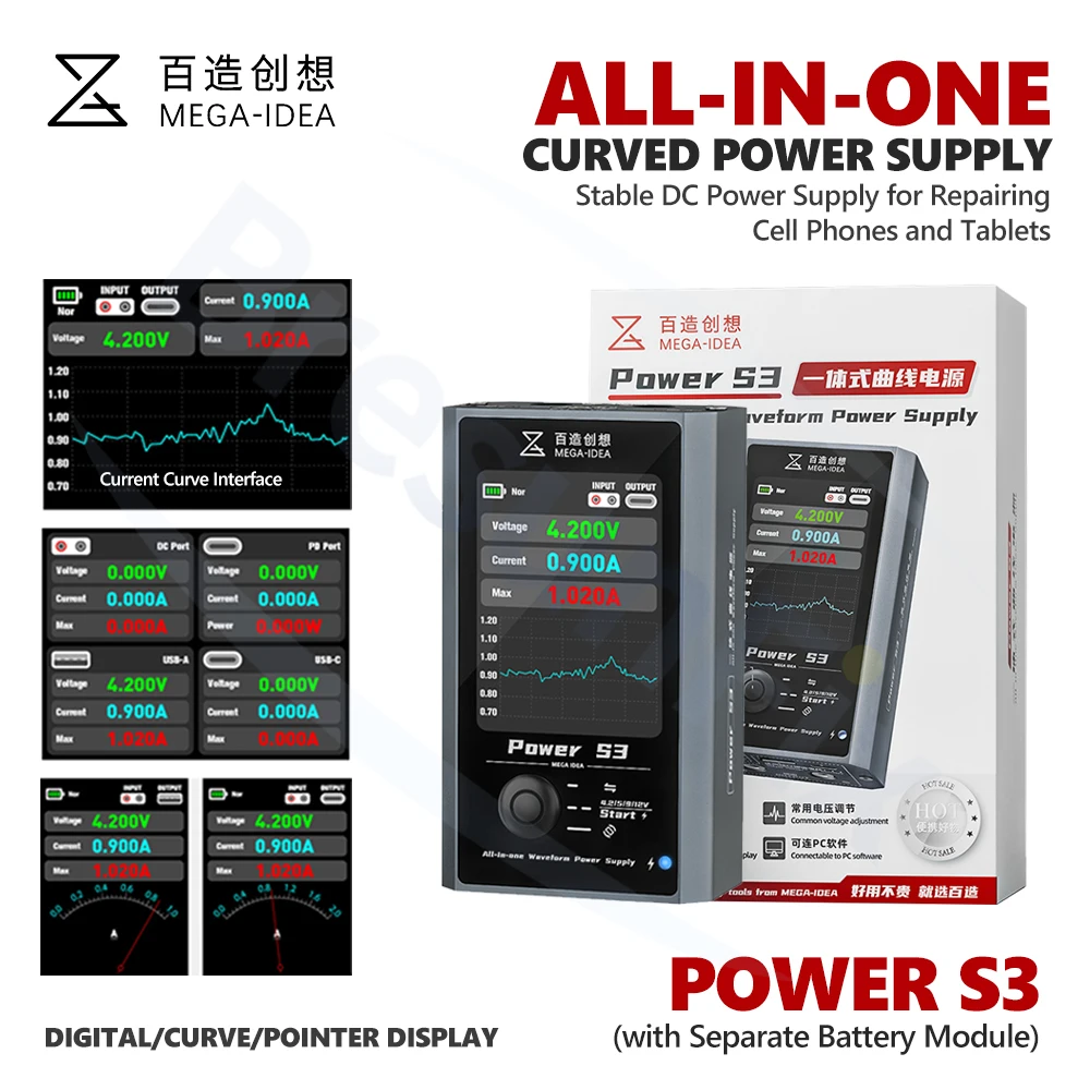 MEGA-IDEA Power S3 All-in-One Waveform DC Power Supply Portable Regulated Power Source for Mobile Phone Motherboard Repair Test