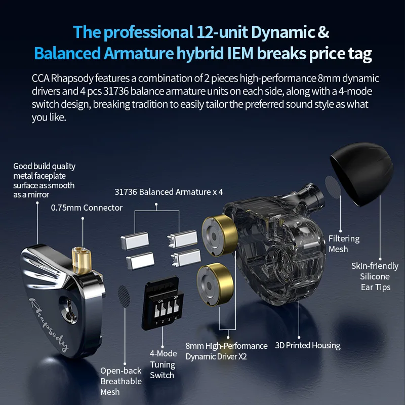 CCA Rhapsody HIFI наушники 2DD + 4BA динамические музыкальные наушники со съемным кабелем с шумоподавлением проводные наушники