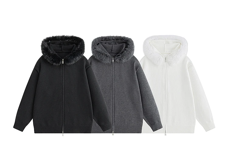 2025 Winter New Simple Fur Collar Hooded Knit Sweater Stylish Men's Fashion Trend Casual Loose Zipper Cardigan Sweater Jacket