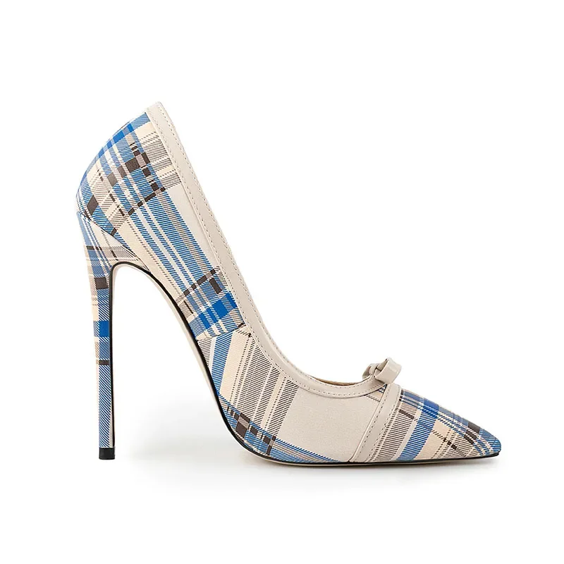 Summer Plaid Microfiber Pointed Toe Thin Heels Shallow Super High Heel Sexy High-heeled Shoes Extra Large Size Single Shoe